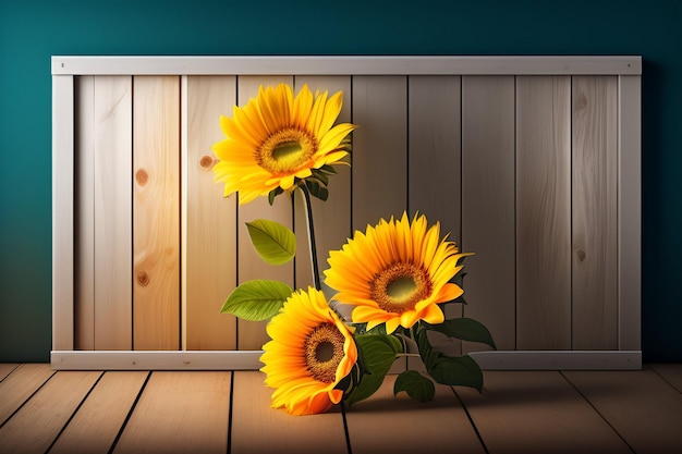 Słoneczniki na drewnianym stole z drewnianym tłem