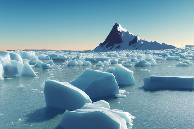 Słoneczny dzień na zimnej Antarktydzie. Góry lodowe Antarktyki. Odbicie gór lodowych w czystej głębokiej wodzie.