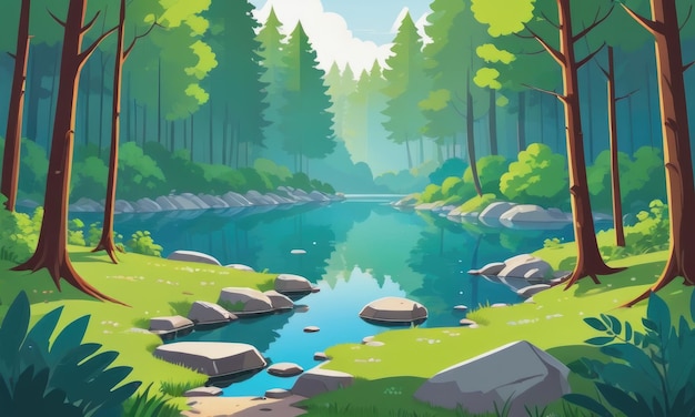 Słoneczny dzień w zielonym lesie z niebieskim jeziorem ilustracja kreskówki z czystą słodką wodą