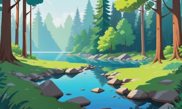 Słoneczny dzień w zielonym lesie z niebieskim jeziorem ilustracja kreskówki z czystą słodką wodą