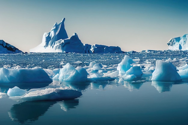 Słoneczny dzień w zimnej Antarktydzie Góry lodowe Antarktydy Odbicie gór lodowych w jasnej głębokiej wodzie