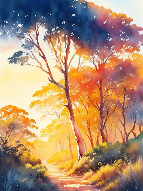 Słoneczny dzień wielobarwny las naturalny piękny pędzel akwarela senary krajobraz malarstwo