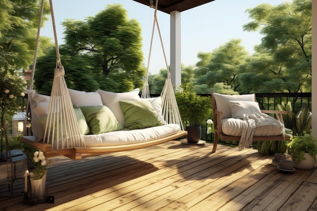 Słoneczny ogród z przestronnym tarasem, przytulną sofą, stołem i huśtawką, idealny na relaksujące wakacje