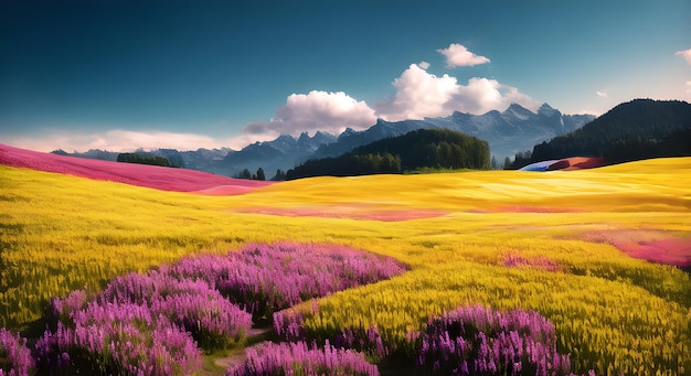 Słoneczny wiejski pejzaż łąki ogród kwiatów w sezonie wiosennym malarstwo AI wygenerowane do druku cyfrowego obraz na płótnie malarstwo ścienne art artykuł post na blogu
