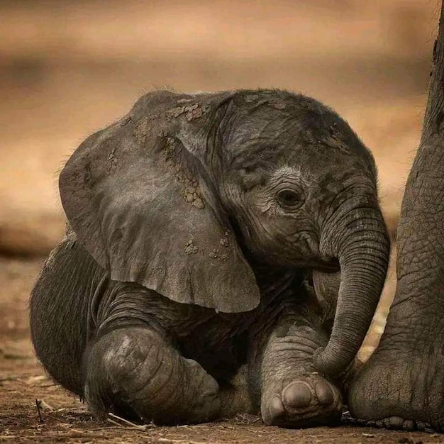 Zdjęcie słoniątko siedzi obok dużego słonia.