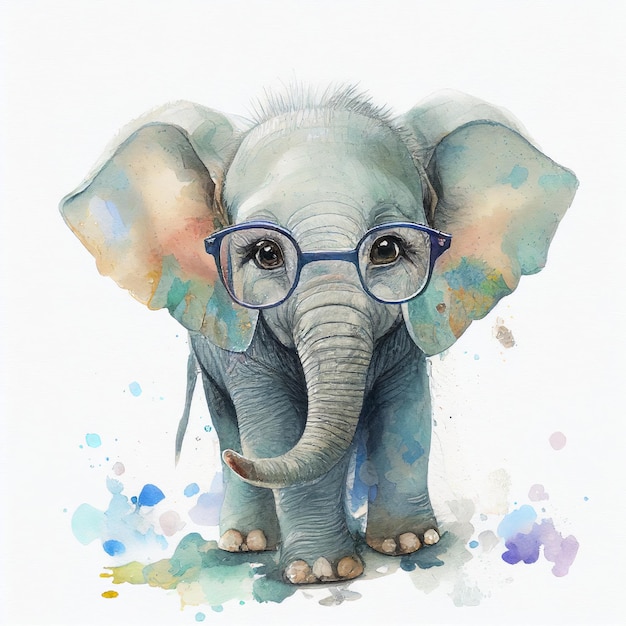 Słoniątko w okularach w stylu akwareli Generative AI