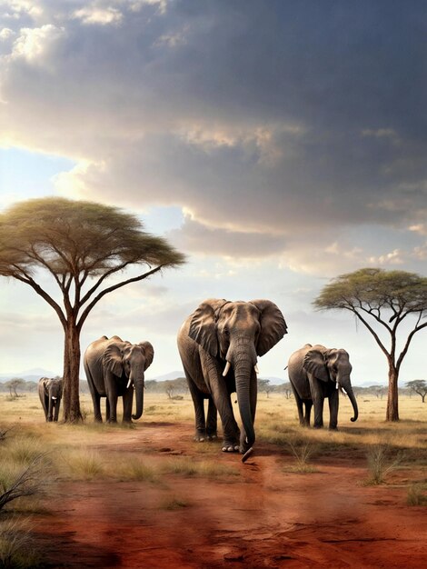 Słonie na sawannie Piękne duże zwierzęta