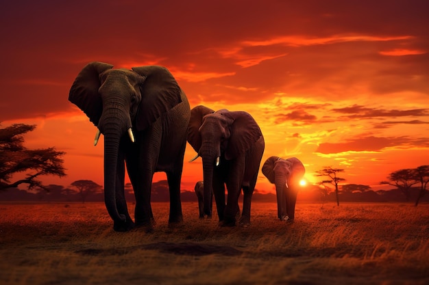 słonie silhoutte o zachodzie słońca w światowy dzień zwierząt sawanny