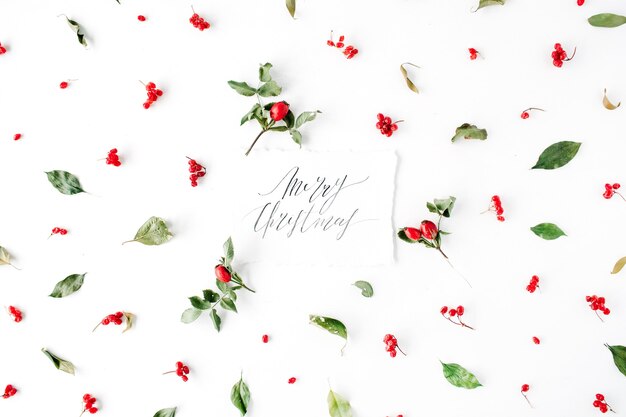 Zdjęcie słowa wesołych świąt i minimalny kreatywny wzór aranżacji jagód na białym tle. boże narodzenie.