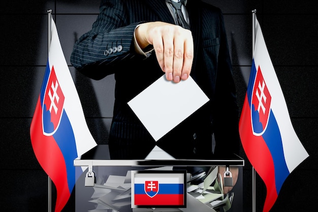 Słowacja flagi ręka upuszcza kartę do głosowania wybory koncepcja ilustracja 3D