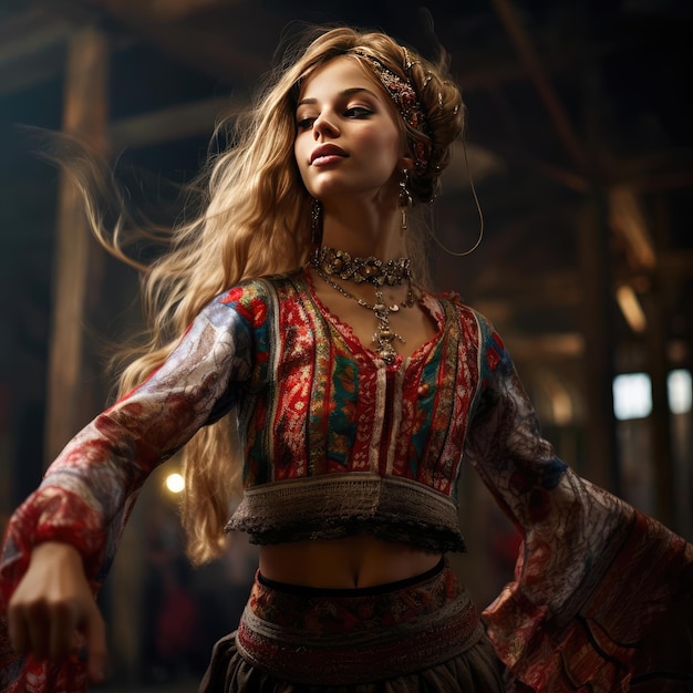 Słowiańska dziewczyna tańcząca taniec narodowy w słowiańskich ubraniach
