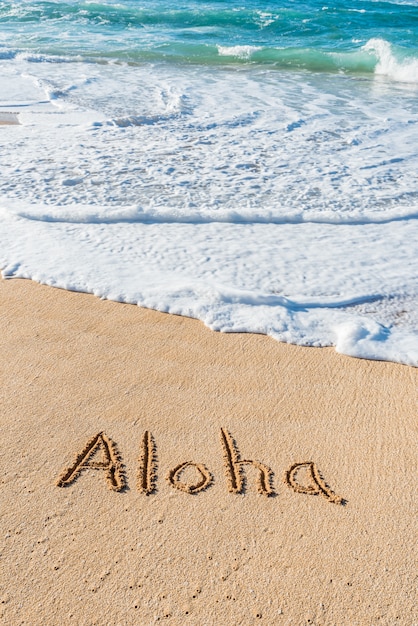 Słowo Aloha Napisane W Piasku Na Plaży Wraz Z Falą