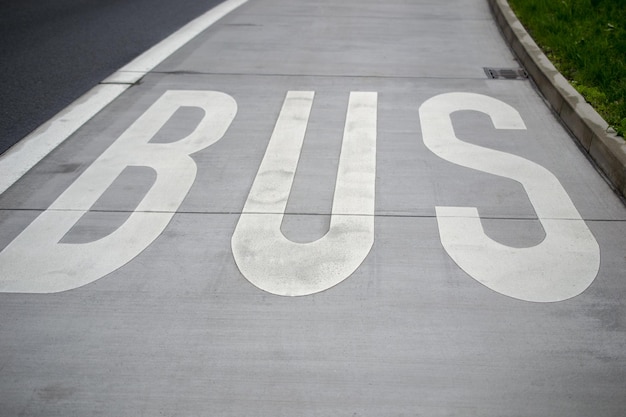 Słowo autobus malowane na drodze