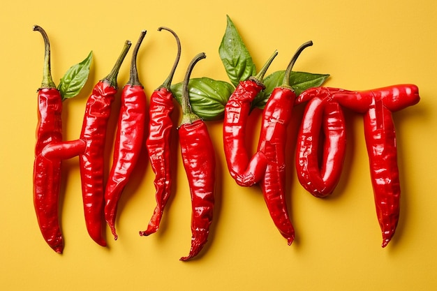 Słowo gorące wykonane z czerwonego pikantnego meksykańskiego pieprzu chili o długim kształcie izolowanego na żółtym tle
