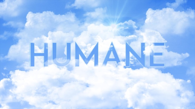 Słowo humanitarne w chmurach niebieski żółty kolor nieba