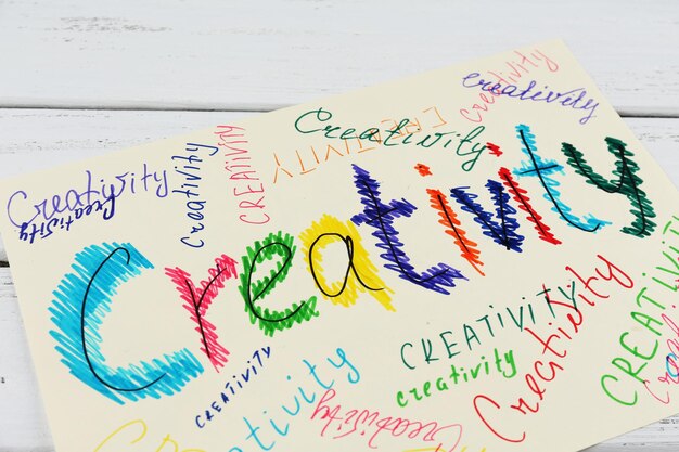 Słowo kreatywność napisane na papierze na podłoże drewniane