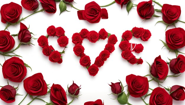 Słowo "miłość" napisane izolowanymi czerwonymi różami na białym tle Idealne na Walentynki