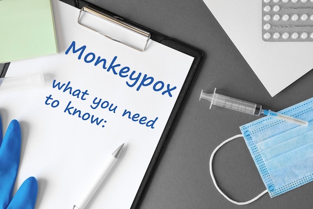 Słowo Monkeypox VIRUS na szarym tle nowoczesnego stolika lekarza Rozprzestrzenia się ospa małpy