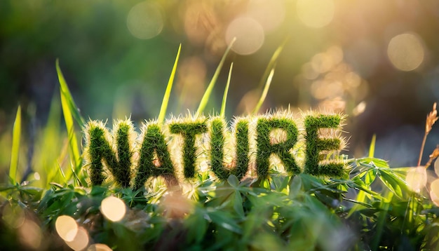Zdjęcie słowo natura wykonane z trawy zielonego trawnika i niewyraźnego bokeh na tle 3d render