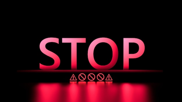 Słowo STOP czerwony neon z odbiciem 3D render