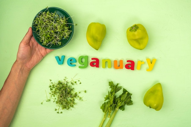 Zdjęcie słowo veganuary z drewnianych klocków z literami na zielonym tle zdrowa koncepcja odżywiania oparta na roślinach