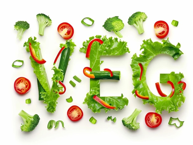 Zdjęcie słowo zrobione z pomidorów sałatowych i innych warzyw
