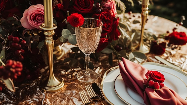 Zdjęcie Ślub i uroczystości stolik krajobraz z kwiatami formalny stół obiadowy z różami i winem elegancki dekoracja stołu kwiatowy na przyjęcie obiadowe i ozdobę wakacyjną pomysł na stylizację domu