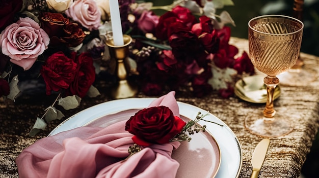 Zdjęcie Ślub i uroczystości tablescape z kwiatami formalny stół obiadowy z różami i winem elegancki dekoracja stołu kwiatowy dla imprezy obiadowej i dekoracji świątecznej domowej stylizacji