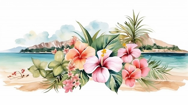ślub kwiatowy z plażą i palmą akwarela proste tło zaproszenie