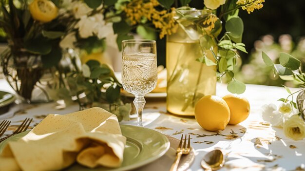 Ślub lub oficjalny obiad świętowanie stolik z cytrynami i kwiatami w angielskim ogrodzie wiejskim drzewo cytrynowe inspiracja stylistyczna do domu