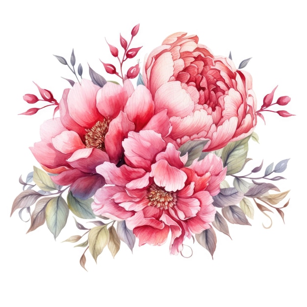 Ślubna kompozycja kwiatowa Akwarela kwiaty piwonii na białym tle Ilustracja botaniczna Delikatne i eleganckie piękne kwiaty w bukiecie AI generowane