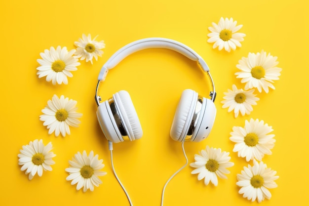 Słuchawki i kwiaty margaretki na żółtym tle dla tła