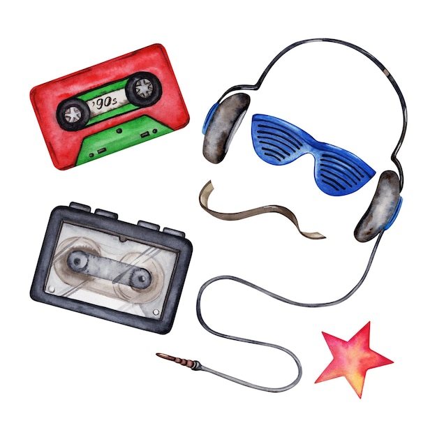 Słuchawki okulary przeciwsłoneczne kaseta audio przenośny odtwarzacz i gwiazda izolowana ilustracja akwarelowa