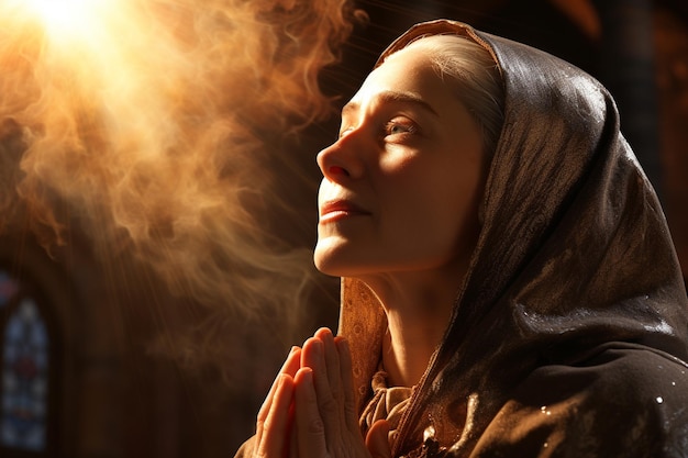 Sługa kościoła i Boga zakonnica kobieta modląca się do odkupienia religii Jezusa Chrystusa