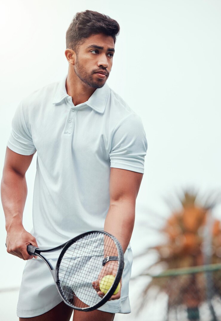 Zdjęcie służba na boisku i tenis z indyjskim człowiekiem do rywalizacji w grze i wyzwanie na zewnątrz do profesjonalnego meczu sportowiec zawodnik i sportowiec z sprzętem do piłki i treningiem z motywacją