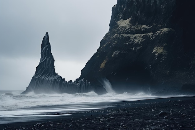 Słynna plaża Reynisfjara z czarnym piaskiem w Islandii Toned Reynisfjara Vik w Islandii to plaża z czarnym piaskiem z ogromnymi falami generowana przez AI