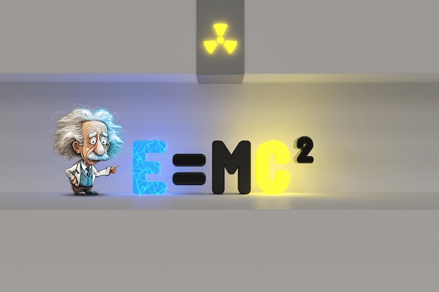 Słynny fizyk Albert Einstein w pobliżu swojego równania matematycznego EMC2