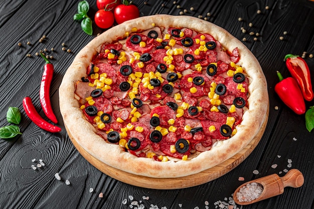 Smaczna i duża pizza z różnymi rodzajami mięsa Pizza z szynką kiełbasianą, kukurydzą i oliwkami