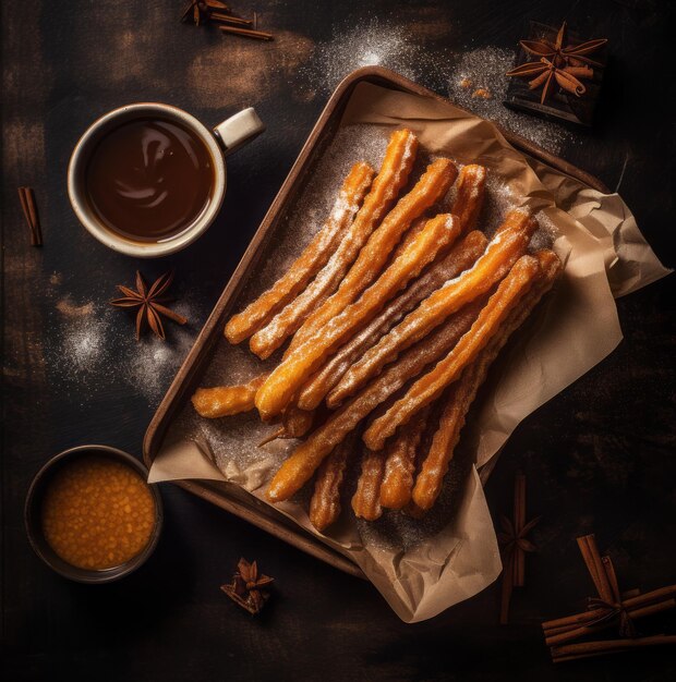 smaczne hiszpańskie churros leżały na stole