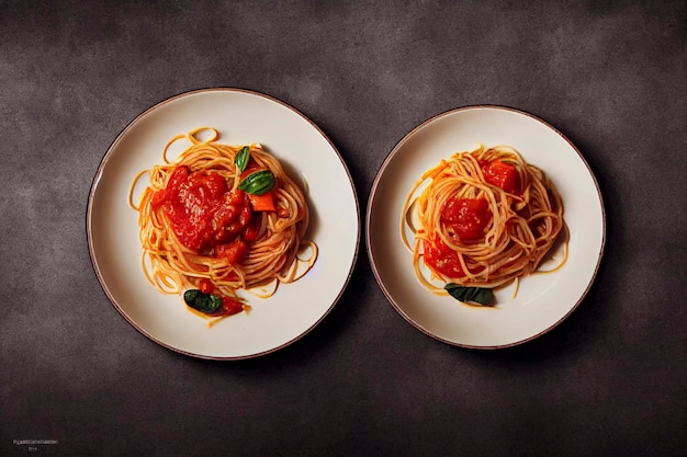 Smaczny, apetyczny klasyczny włoski makaron spaghetti z sosem pomidorowym, parmezanem i bazylią