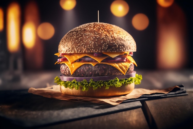 Smaczny burger w restauracji, na niewyraźnym tle. Ilustracja do menu. Wygenerowane przez AI