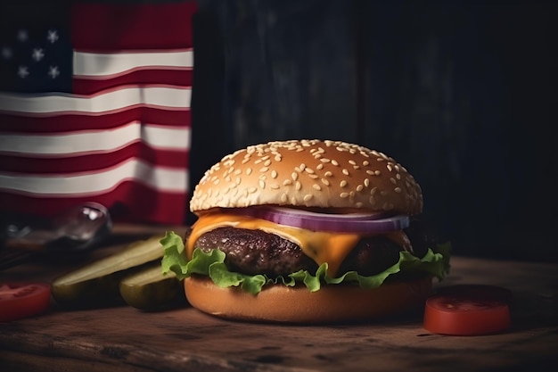 Zdjęcie smaczny burger z flagą usa na drewnianym stole tradycyjne amerykańskie jedzenie generative ai