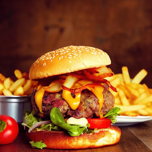 Smaczny burger z frytkami fast food posiłek z hamburgera i amerykańską pyszną przekąskę