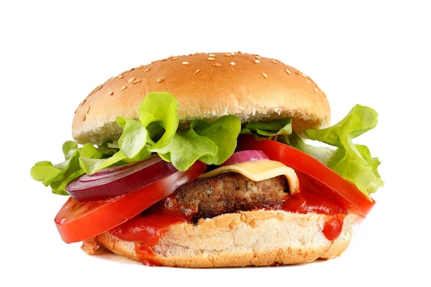 Smaczny burger zbliżenie Burger z pomidorami, zieleniną, cebulą i mięsem Klasyczny burger z bliska
