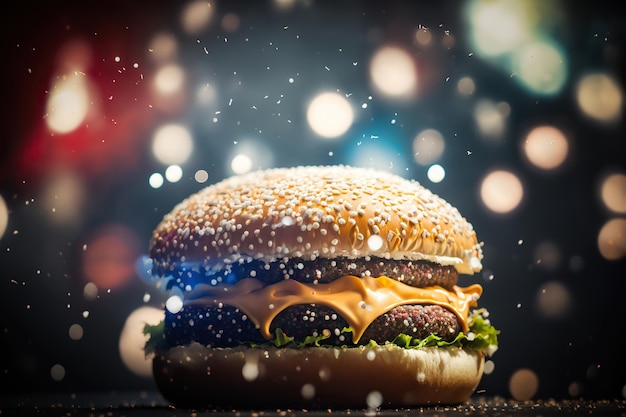 Smaczny hamburger na stole z generatywną ilustracją ai tła bokeh