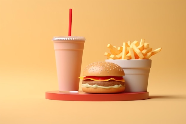 Zdjęcie smaczny napój gazowany burger i frytki na czerwonym podium