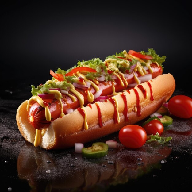 Smaczny, pyszny hot dog na ciemnym tle Generacyjna sztuczna inteligencja