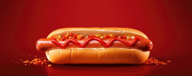 Smaczny, pyszny hot dog na czerwonym tle Generacyjna sztuczna inteligencja