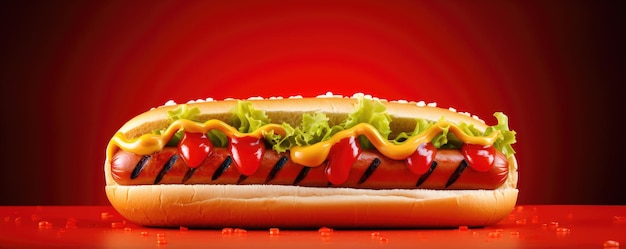 Zdjęcie smaczny, pyszny hot dog na czerwonym tle generacyjna sztuczna inteligencja