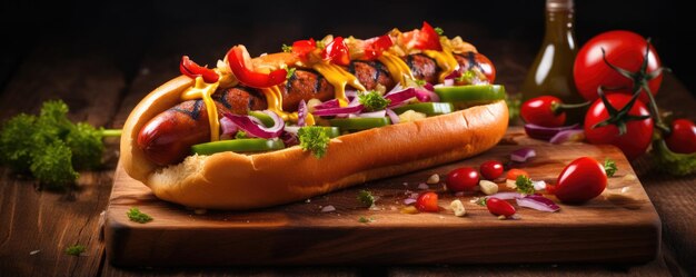 Smaczny, pyszny hot dog na drewnianej desce Generacyjna AI